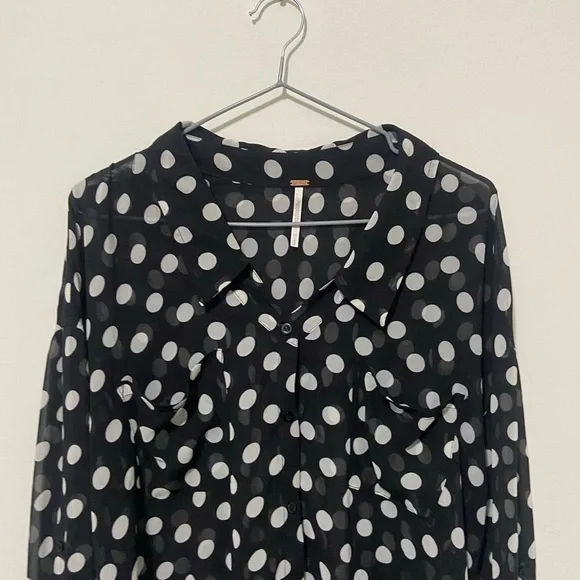 Free People Black/White Sheer Polka Dot Easy Rider Blouse Size Small - Picture 3 of 9